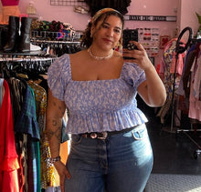 Load image into Gallery viewer, Additional front view of a size XXL WRAY baby blue and white smocked crop blouse with puff sleeves on a size 16/18 model.
