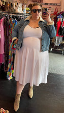 Load image into Gallery viewer, Full-body front view of a size 3X Rebdolls white a-line midi tank dress styled under a sherpa-lined denim jacket with black sunglasses and leopard booties on a size 24 model.
