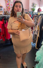 Load image into Gallery viewer, Front view of a size 4X Wild Fable light tan ribbed sweater-style midi dress with keyhole bust detail styled with leopard print sandals and a cream-colored shoulder bag on a size 20/22 model.
