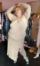 Load image into Gallery viewer, Full-body front view showing off the neckline and bust of a size 4X Abound for Nordstrom light tan super lightweight tank maxi dress with side slit and open back styled with teal heels on a size 22/24 model.
