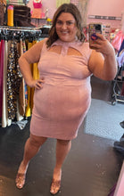 Load image into Gallery viewer, Additional full-body front view of a size 3 Fashion to Figure baby pink suede sheath dress with bust cut-outs styled with brown heels on a size 18/20 model.
