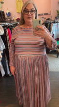 Load image into Gallery viewer, Additional full-body front view of a size 3/4X GOZZIP (UK brand) muted pink, blue, orange, and white horizontal and vertical striped long sleeve maxi dress on a size 20/22 model.
