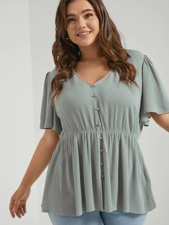 BLOOMCHIC SOLID COLOR BABYDOLL BUTTON DETAIL DOWN FRONT V-NECK FLUTTER SLEEVES ELASTIC WAIST