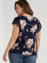 Load image into Gallery viewer, BLOOMCHIC LACE TRIM FLUTTER SLEEVE FLORAL NAVY COLOR BLOUSE SIZE 16
