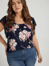 Load image into Gallery viewer, BLOOMCHIC LACE TRIM FLUTTER SLEEVE FLORAL NAVY COLOR BLOUSE SIZE 16
