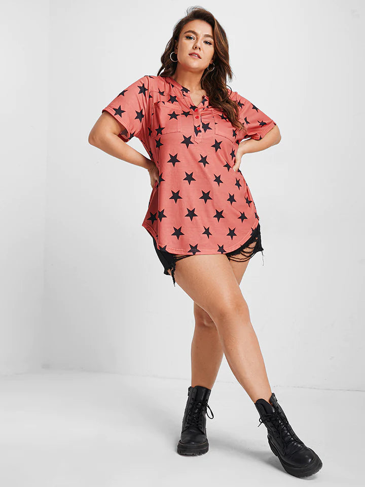 BLOOMCHIC MID LENGTH STAR T SHIRT WITH TWO CHEST POCKETS BUTTON DETAIL