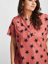 Load image into Gallery viewer, BLOOMCHIC MID LENGTH STAR T SHIRT WITH TWO CHEST POCKETS BUTTON DETAIL

