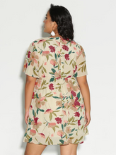Load image into Gallery viewer, Back view of a muted cream, maroon, and green floral plunge neckline midi dress.
