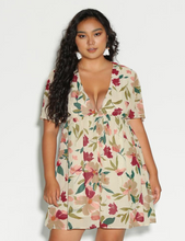 Load image into Gallery viewer, Front view of a muted cream, maroon, and green floral plunge neckline midi dress.
