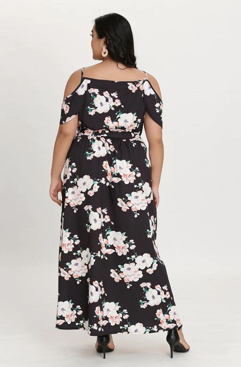 Bloomchic Black and White Elegant Cold Shoulder Floral Maxi