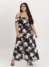 Load image into Gallery viewer, Bloomchic Black and White Elegant Cold Shoulder Floral Maxi with Slit, Multiple Sizes Available!
