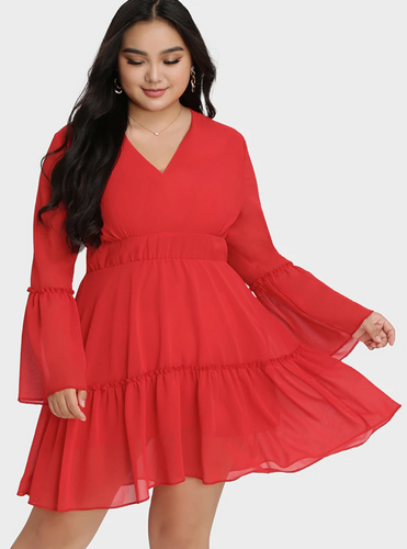 Front view of a Bloomchic bright red plunge-neckline red chiffon ruffle-tiered midi dress.