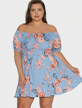 Load image into Gallery viewer, Bloomchic Baby Blue Off-the-Shoulder Mini Dress with Pink Floral, Multiple Sizes Available!
