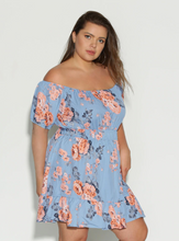Load image into Gallery viewer, Bloomchic Baby Blue Off-the-Shoulder Mini Dress with Pink Floral, Multiple Sizes Available!
