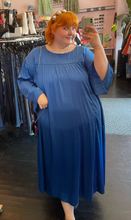 Load image into Gallery viewer, Additional full-body front view of a size 3X Amazon The Drop x Kellie B collaboration royal blue caftan maxi dress styled with a pearl headband on a size 22/24 model.
