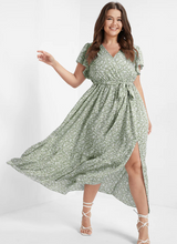Load image into Gallery viewer, BloomChic Ditsy Floral Tie Picket Ruffle Split Dress
