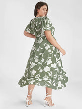 Load image into Gallery viewer, BLOOMCHIC WRAP DRESS SIDE KNOT RUFFLE HEM GREEN FLORAL DRESS MULTIPLE SIZES
