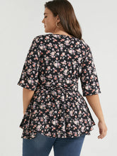 Load image into Gallery viewer, BLOOMCHIC BABYDOLL CRISS CROSS BLACK FLORAL PRINT V NECK BLOUSE
