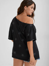 Load image into Gallery viewer, BLOOMCHIC WHITE STAR PATTERN ONE SHOULDER BLACK T-SHIRT SHORT SLEEVE
