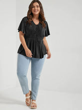 Load image into Gallery viewer, BLOOMCHIC LACE UP DETAIL FLUTTER SLEEVE ELASTIC WAIST HIP LENGTH PLUS SIZE BLOUSE

