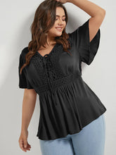 Load image into Gallery viewer, BLOOMCHIC LACE UP DETAIL FLUTTER SLEEVE ELASTIC WAIST HIP LENGTH PLUS SIZE BLOUSE
