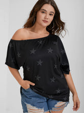 Load image into Gallery viewer, BLOOMCHIC WHITE STAR PATTERN ONE SHOULDER BLACK T-SHIRT SHORT SLEEVE
