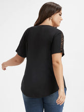 Load image into Gallery viewer, BLOOMCHIC T-SHIRT WITH SOLID BLACK LACE PANEL DETAIL ON SLEEVES PLUS SIZES
