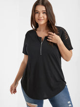 Load image into Gallery viewer, BLOOMCHIC T-SHIRT WITH SOLID BLACK LACE PANEL DETAIL ON SLEEVES PLUS SIZES
