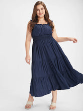 Load image into Gallery viewer, BloomChic Navy Blue Cami Ruffle Tiered Smocked Waist Square Neck Dress
