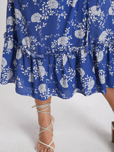 Load image into Gallery viewer, BLOOMCHIC RUFFLED SPLIT HEM WRAP VNECK MIDI DRESS BLUE WITH WHITE FLOWER PRINT
