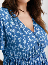 Load image into Gallery viewer, BLOOMCHIC DITSY FLORAL WRAP V-NECK RUFFLE HEM FLUTTER SLEEVES ELASTIC WAIST DRESS MULTIPLE COLORS
