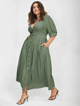 Load image into Gallery viewer, BLOOMCHIC DRESS WITH PLUNGING NECKLINE POCKETS AND BUTTON-DOWN FRONT OF DRESS
