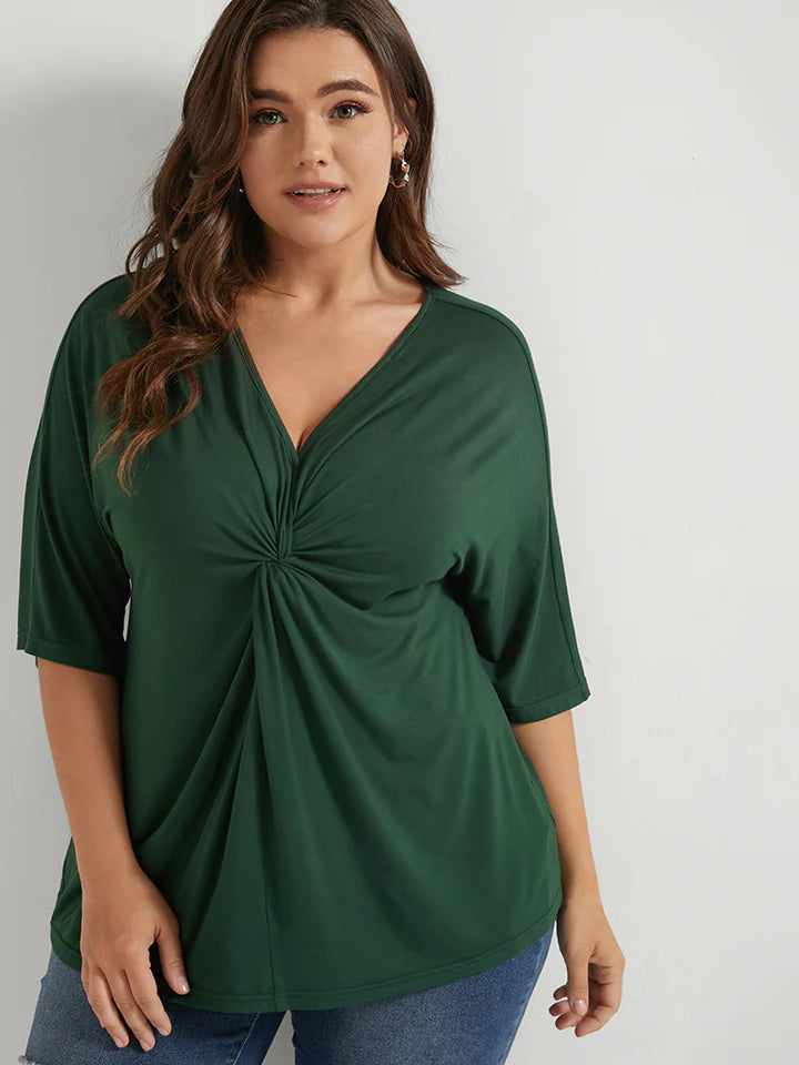 BLOOMCHIC DARK GREEN TWIST FRONT T SHIRT SHORT SLEEVE PLUS SIZE