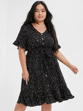 Load image into Gallery viewer, BLOOMCHIC FLUTTER SLEEVE WHITE STAR PRINT ON BLACK BACKGROUND VNECK DRESS
