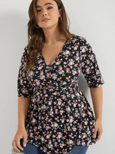 Load image into Gallery viewer, BLOOMCHIC BABYDOLL CRISS CROSS BLACK FLORAL PRINT V NECK BLOUSE
