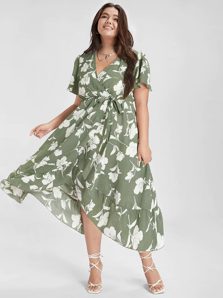 BLOOMCHIC GREEN SIDE WRAP RUFFLE DRESS WITH ELASTIC WAIST SIDE KNOT MULTIPLE SIZES AVAILABLE