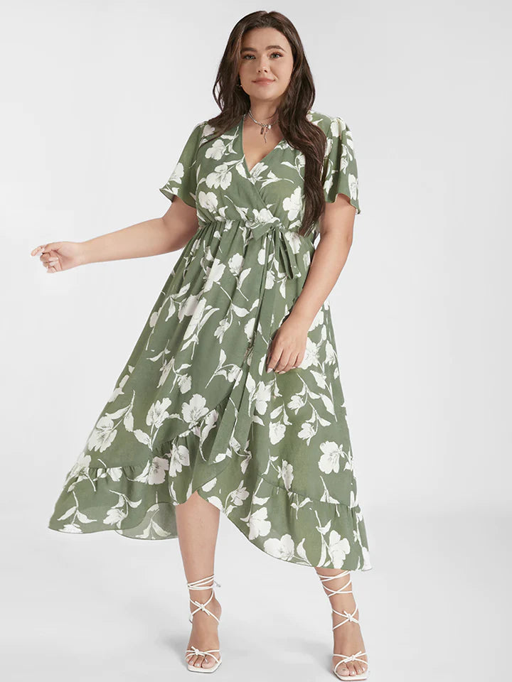 Green and white floral wrap dress online