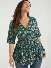 Load image into Gallery viewer, BLOOMCHIC CRISS CROSS GREEN FLORAL PRINT V NECK BABYDOLL BLOUSE
