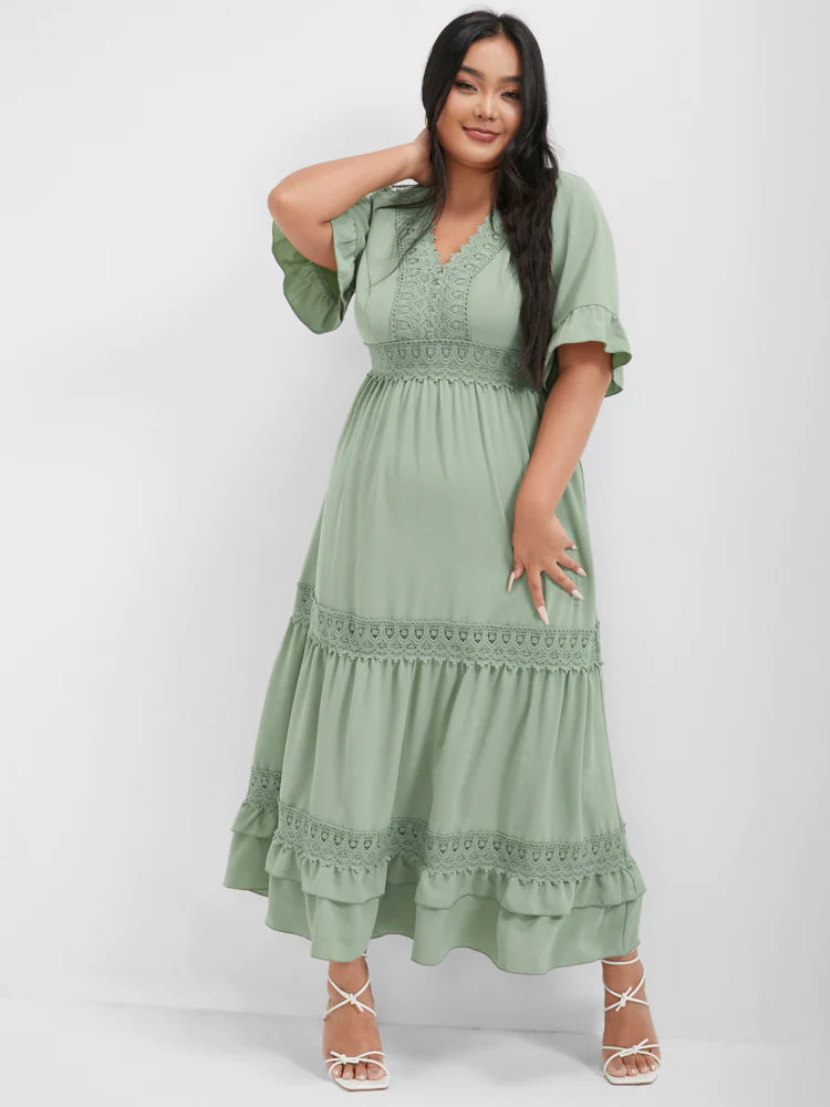 BLOOMCHIC TIERED V-NECK SHORT SLEEVES EYELET LACE DETAIL ROMANTIC DRESS