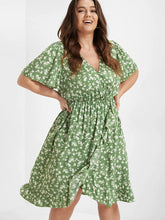 Load image into Gallery viewer, BLOOMCHIC DITSY FLORAL WRAP V-NECK RUFFLE HEM FLUTTER SLEEVES ELASTIC WAIST DRESS MULTIPLE COLORS
