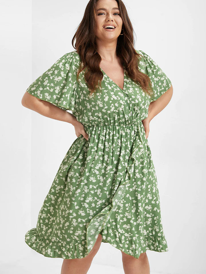 BLOOMCHIC DITSY FLORAL WRAP V-NECK RUFFLE HEM FLUTTER SLEEVES ELASTIC WAIST DRESS MULTIPLE COLORS