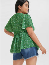 Load image into Gallery viewer, BLOOMCHIC GREEN DITSY FLORAL V-NECK FRONT TIE FLUTTER SLEEVE ELASTIC WAIST
