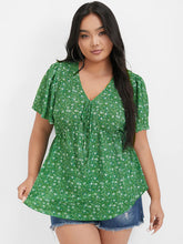 Load image into Gallery viewer, BLOOMCHIC GREEN DITSY FLORAL V-NECK FRONT TIE FLUTTER SLEEVE ELASTIC WAIST
