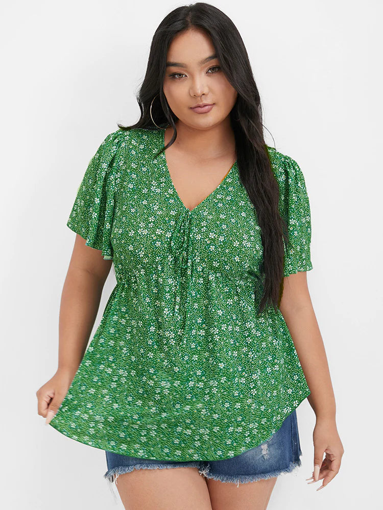 BLOOMCHIC GREEN DITSY FLORAL V-NECK FRONT TIE FLUTTER SLEEVE ELASTIC WAIST