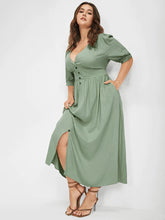 Load image into Gallery viewer, BLOOMCHIC DRESS WITH PLUNGING NECKLINE POCKETS AND BUTTON-DOWN FRONT OF DRESS
