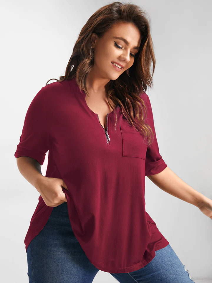 BLOOMCHIC BUTTON UP SLEEVE HALF ZIPPER FLOWY T-SHIRT WITH FRONT CHEST POCKET