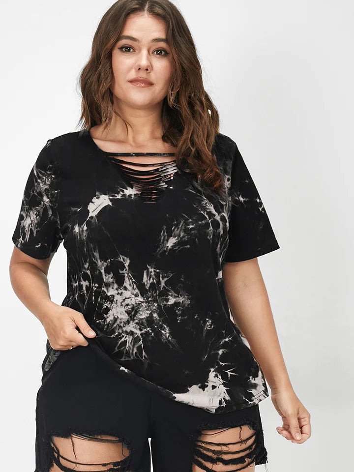 BLOOMCHIC BLACK & WHITE TORN NECK AND HEM CASUAL T-SHIRT PLUS SIZE