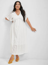 Load image into Gallery viewer, BLOOMCHIC ALL WHITE FLUTTER SLEEVE BRODERIE ANGLAISE MAXI DRESS PLUS SIZE
